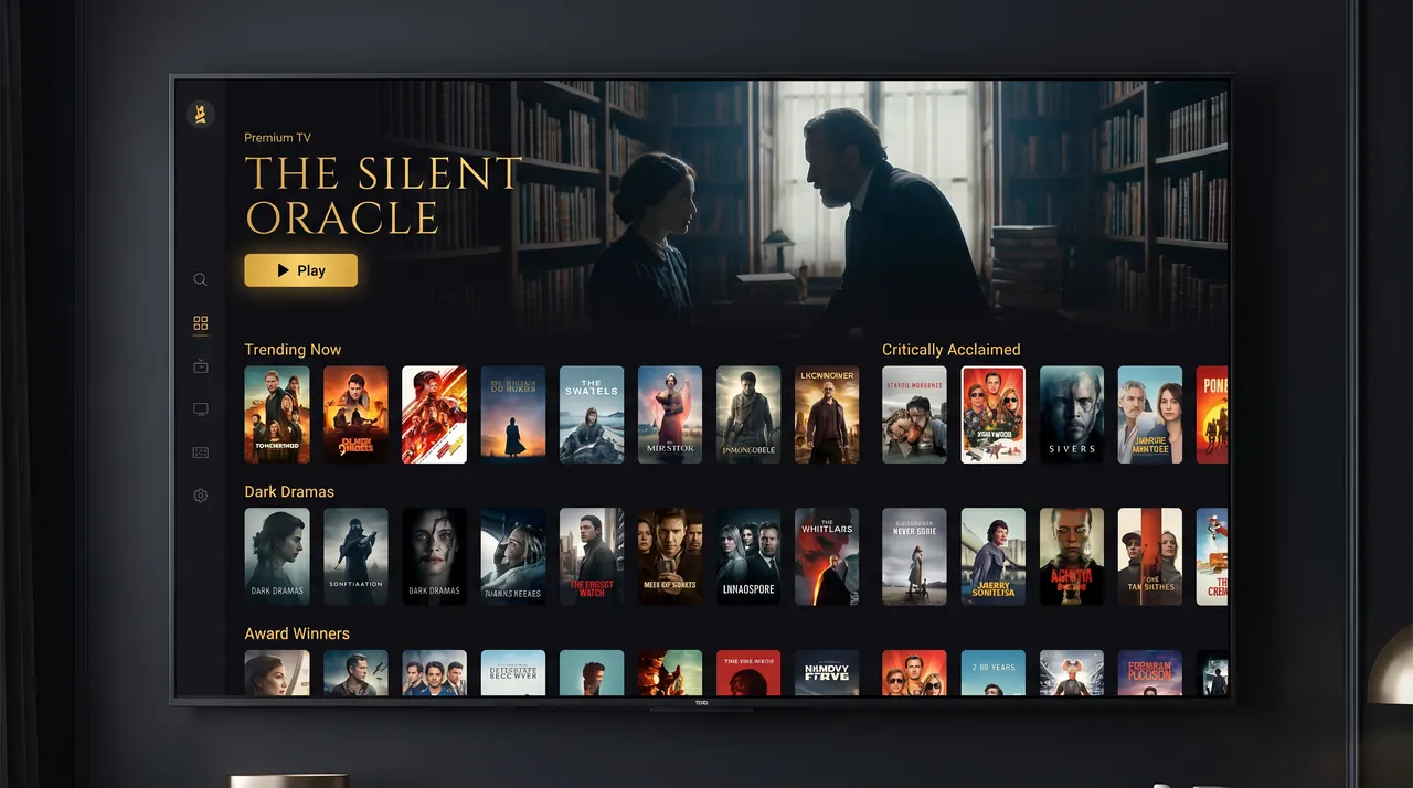 IPTV Balkan video-on-demand interface with hundreds of movie and series posters in an elegant dark menu, simple enough for first-time users